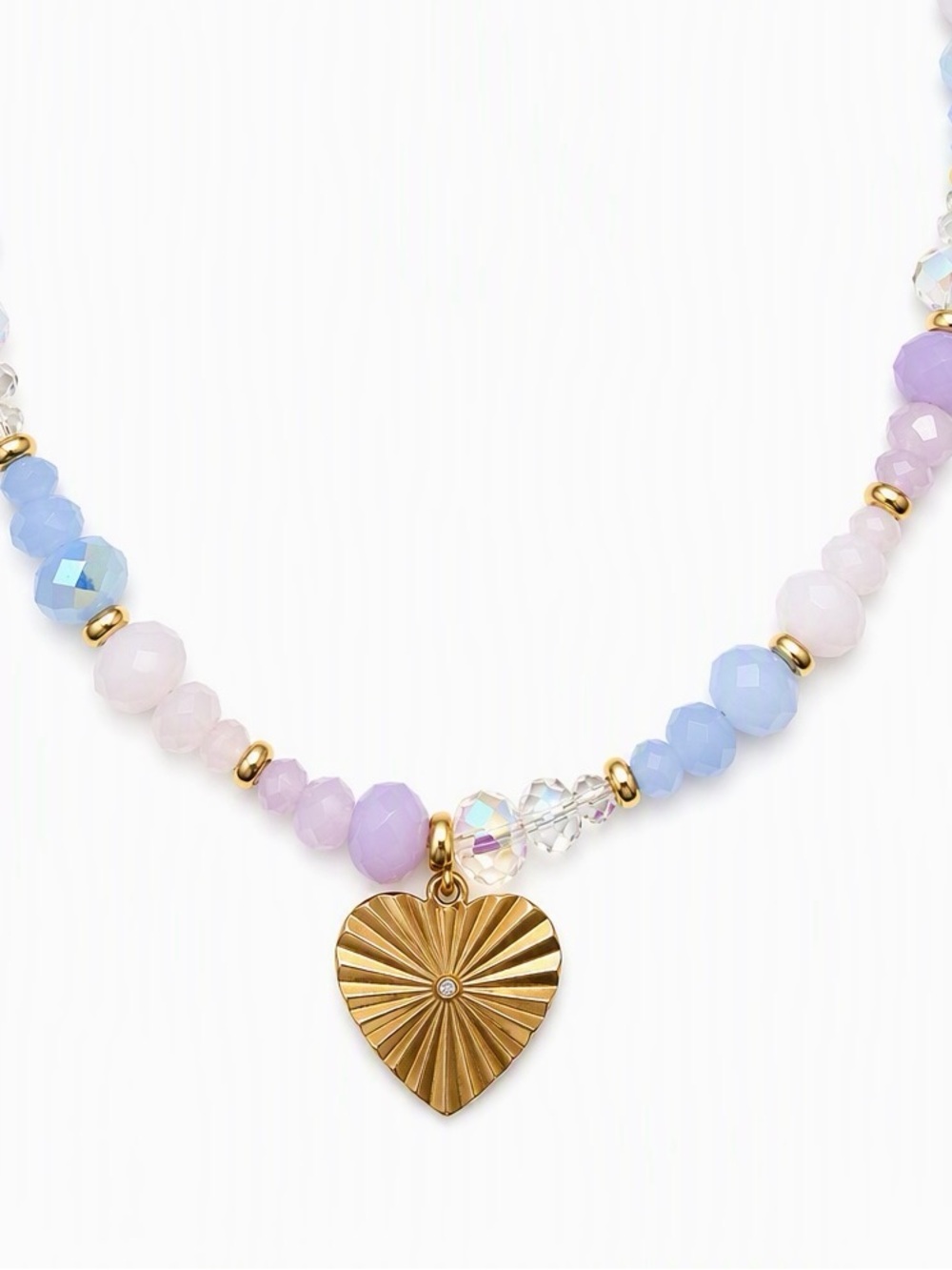 Delicate/feminine Pastel Beaded Necklace with Gold Heart Pendant